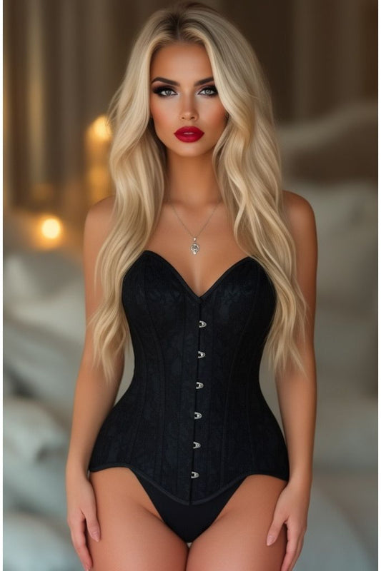 Top Drawer Black Satin w/Black Lace Overlay Steel Boned Overbust Corset - Daisy Corsets