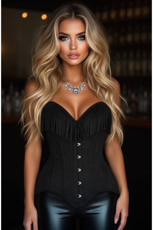 Top Drawer Black Suede Steel Boned Overbust Corset w/Fringe - Daisy Corsets