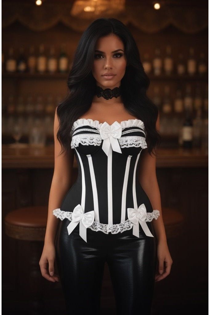 Top Drawer Black/White Steel Boned Burlesque Corset - Daisy Corsets