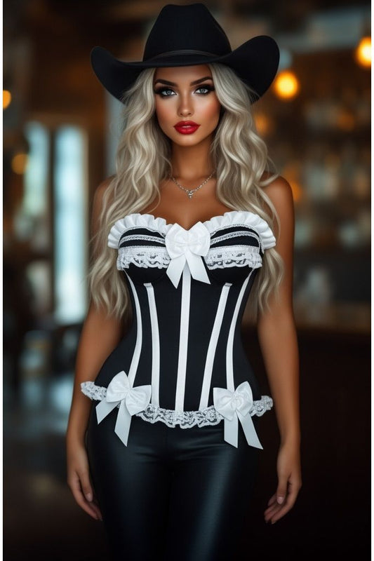 Top Drawer Black/White Steel Boned Burlesque Corset - Daisy Corsets