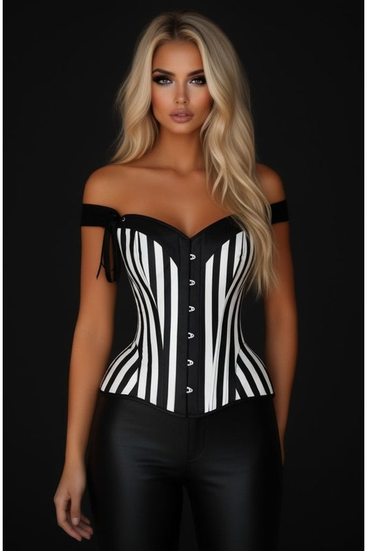Top Drawer Black/White Striped Steel Boned Corset w/Straps - Daisy Corsets