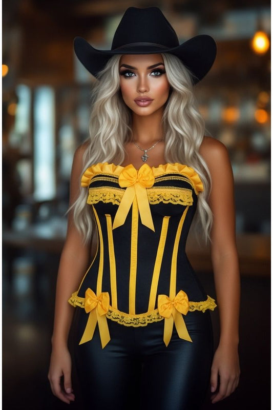 Top Drawer Black/Yellow Satin Steel Boned Burlesque Corset - Daisy Corsets