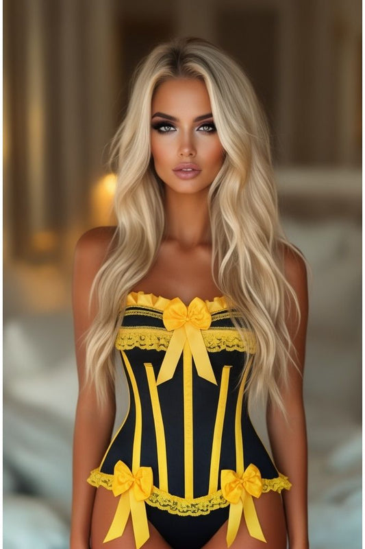 Top Drawer Black/Yellow Satin Steel Boned Burlesque Corset - Daisy Corsets