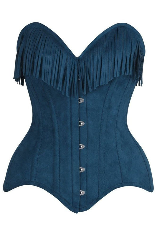 Top Drawer Blue Suede Steel Boned Overbust Corset w/Fringe - Daisy Corsets