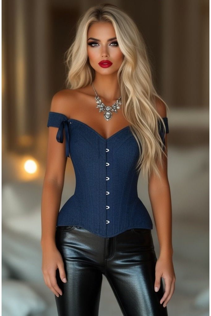 Top Drawer Dark Blue Denim Steel Boned Corset w/Straps - Daisy Corsets