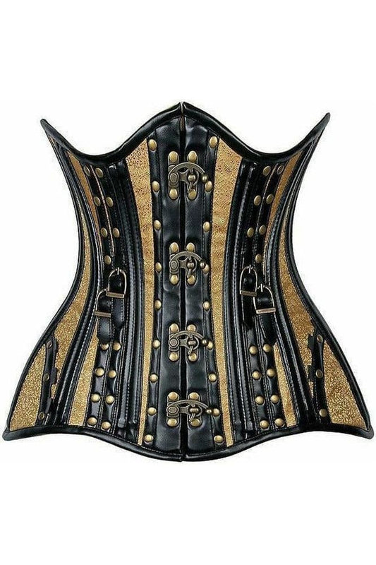 Top Drawer Faux Leather & Gold Brocade Steel Boned Under Bust Corset - Daisy Corsets