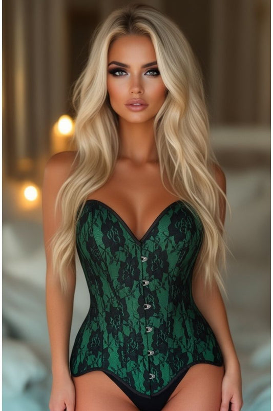 Top Drawer Green Satin w/Black Lace Overlay Steel Boned Overbust Corset - Daisy Corsets