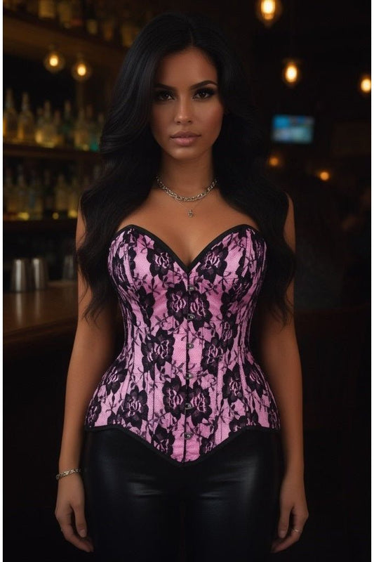 Top Drawer Pink Satin w/Black Lace Overlay Steel Boned Overbust Corset - Daisy Corsets