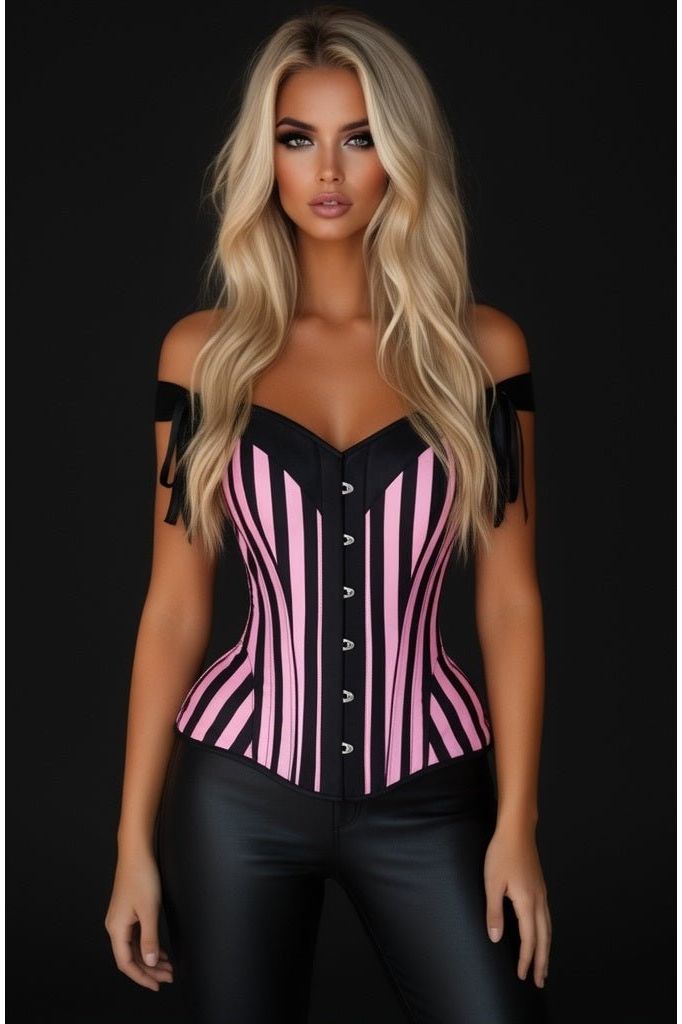 Top Drawer Pink/Black Striped Steel Boned Corset w/Straps - Daisy Corsets