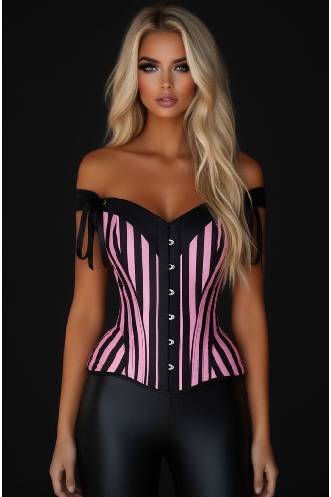 Top Drawer Pink/Black Striped Steel Boned Corset w/Straps - Daisy Corsets
