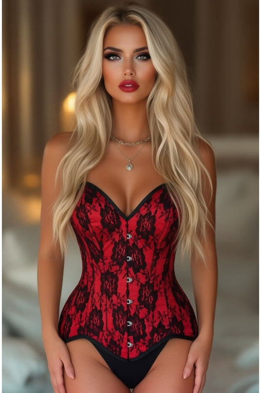 Top Drawer Red Satin w/Black Lace Overlay Steel Boned Overbust Corset - Daisy Corsets