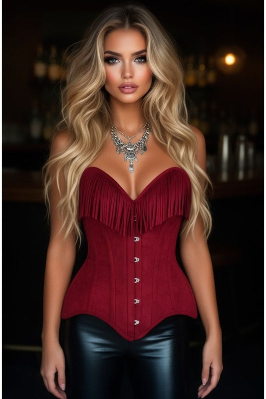 Top Drawer Red Suede Steel Boned Overbust Corset w/Fringe - Daisy Corsets
