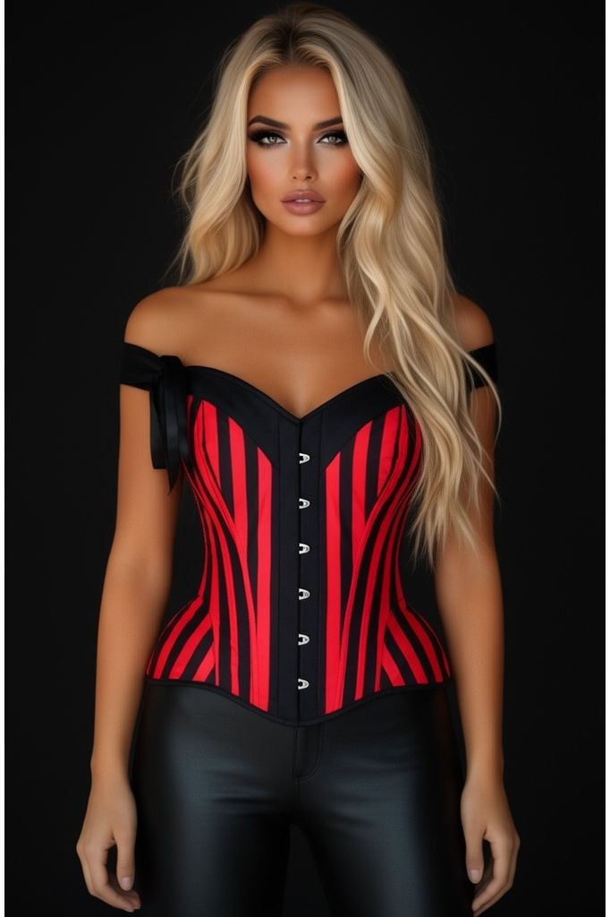 Top Drawer Red/Black Striped Steel Boned Corset w/Straps - Daisy Corsets