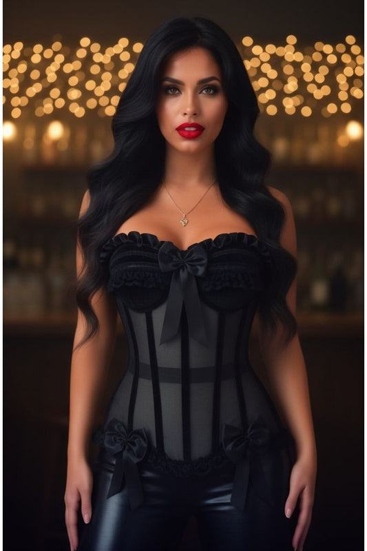 Top Drawer Steel Boned Black Mesh & Velvet Underwire Bustier Corset - Daisy Corsets