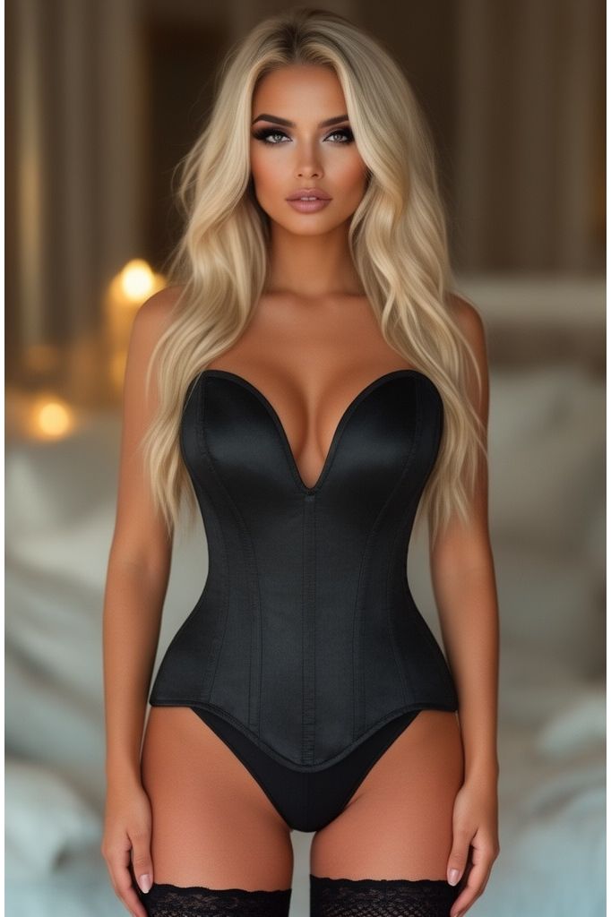 Top Drawer Steel Boned Black Satin Plunge Neckline Overbust Corset - Daisy Corsets
