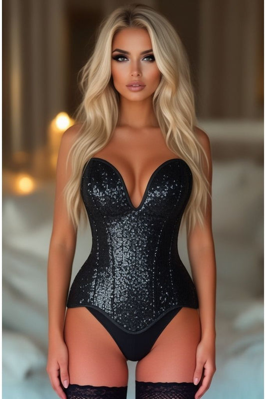 Top Drawer Steel Boned Black Sequin Plunge Neckline Overbust Corset - Daisy Corsets