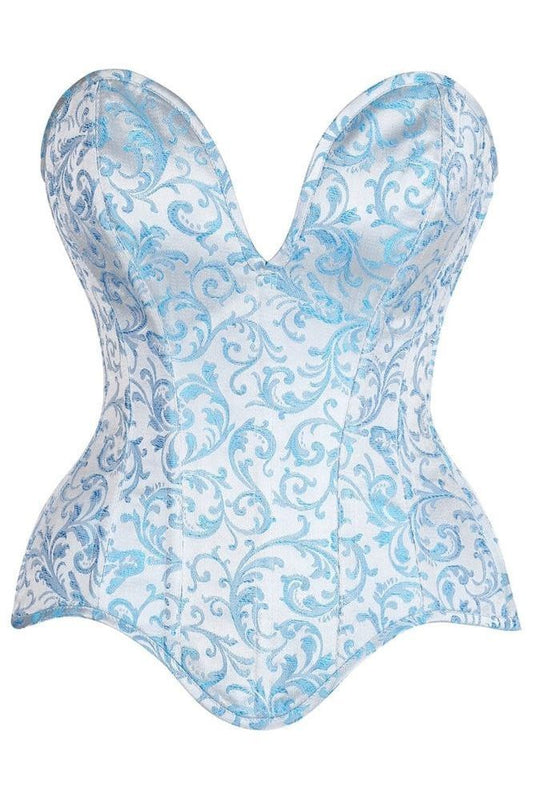 Top Drawer Steel Boned Blue Brocade Plunge Overbust Corset Top - Daisy Corsets