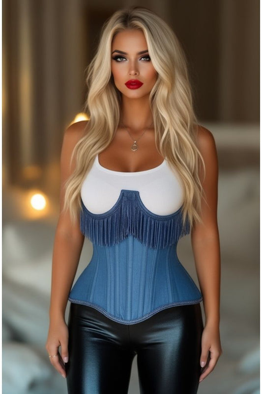 Top Drawer Steel Boned Blue Denim Underwire Underbust Corset Cincher w/Fringe - Daisy Corsets