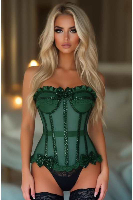 Top Drawer Steel Boned Dark Green Sequin Underwire Bustier Corset - Daisy Corsets