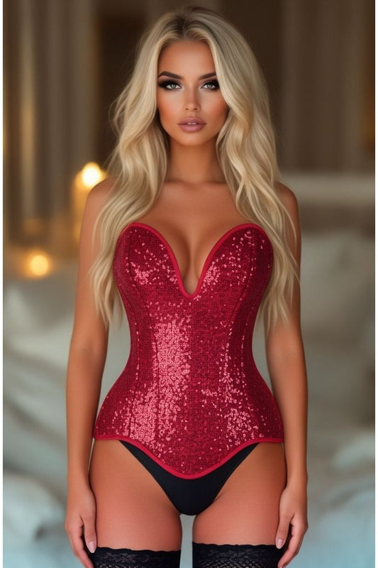 Top Drawer Steel Boned Red Sequin Plunge Neckline Overbust Corset - Daisy Corsets