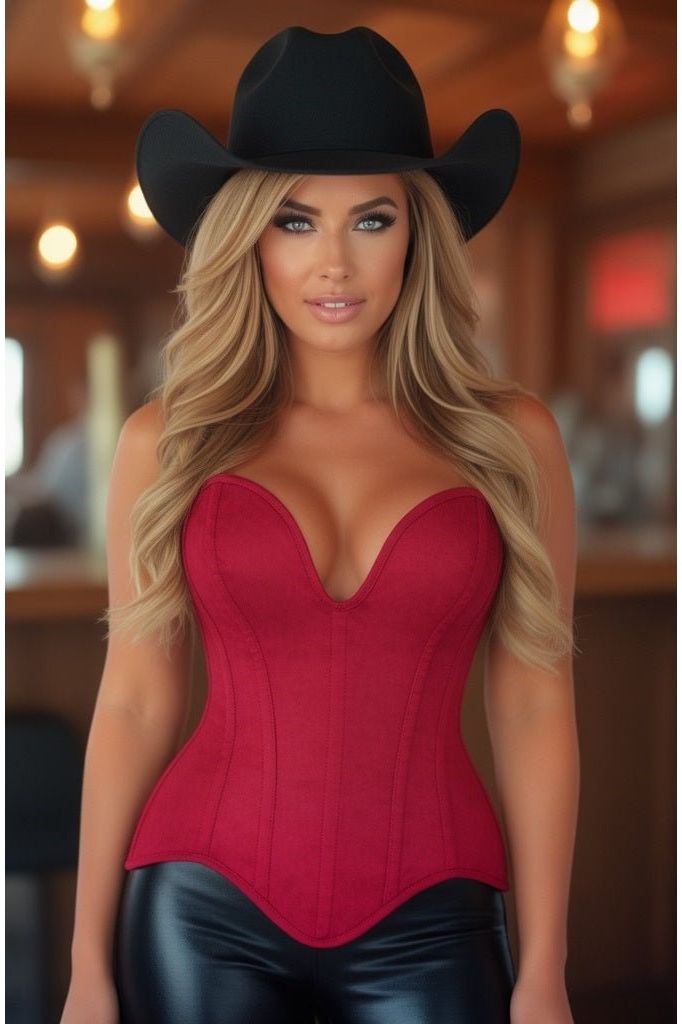 Top Drawer Steel Boned Red Suede Deep Plunge Overbust Corset Top - Daisy Corsets
