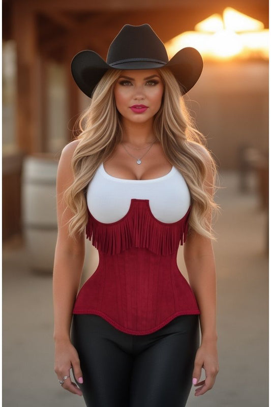 Top Drawer Steel Boned Red Suede Underwire Underbust Corset Cincher w/Fringe - Daisy Corsets
