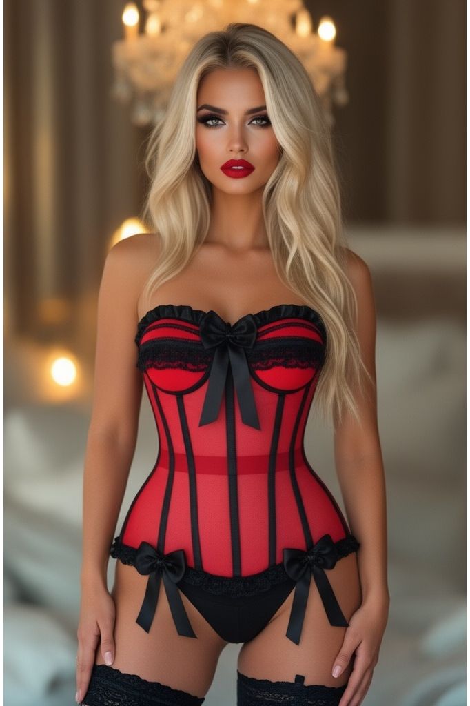 Top Drawer Steel Boned Red/Black Mesh Underwire Bustier Corset - Daisy Corsets