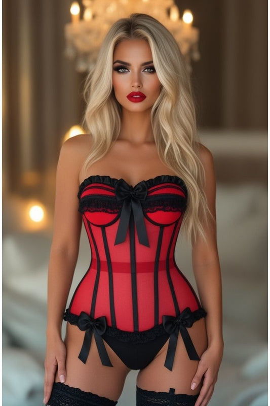 Top Drawer Steel Boned Red/Black Mesh Underwire Bustier Corset - Daisy Corsets