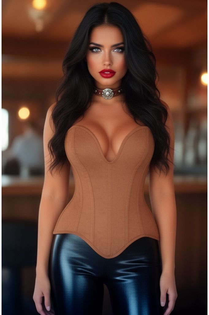 Top Drawer Steel Boned Tan Suede Deep Plunge Overbust Corset Top - Daisy Corsets