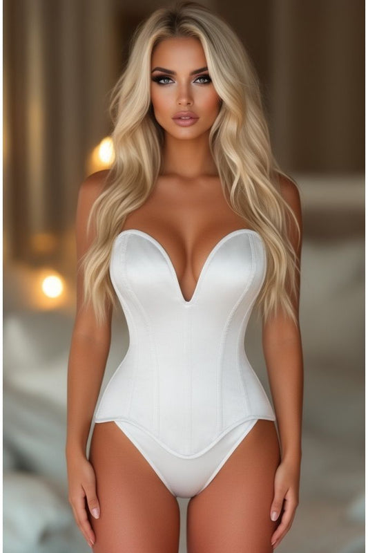 Top Drawer Steel Boned White Satin Plunge Neckline Overbust Corset - Daisy Corsets