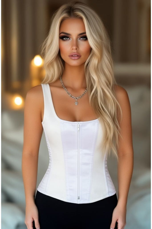 Top Drawer White Satin Steel Boned Uniforming Corset w/Straps - Daisy Corsets