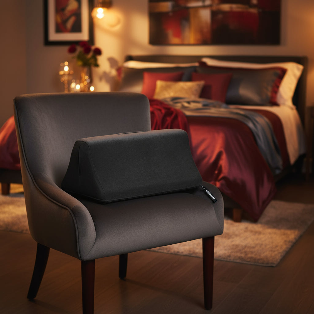 Black foam mount on a chair in a sensual bedroom